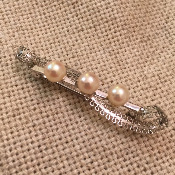Vintage Real Pearl Pin Filigree Bar Pin Silver-tone - Picture 5 of 16